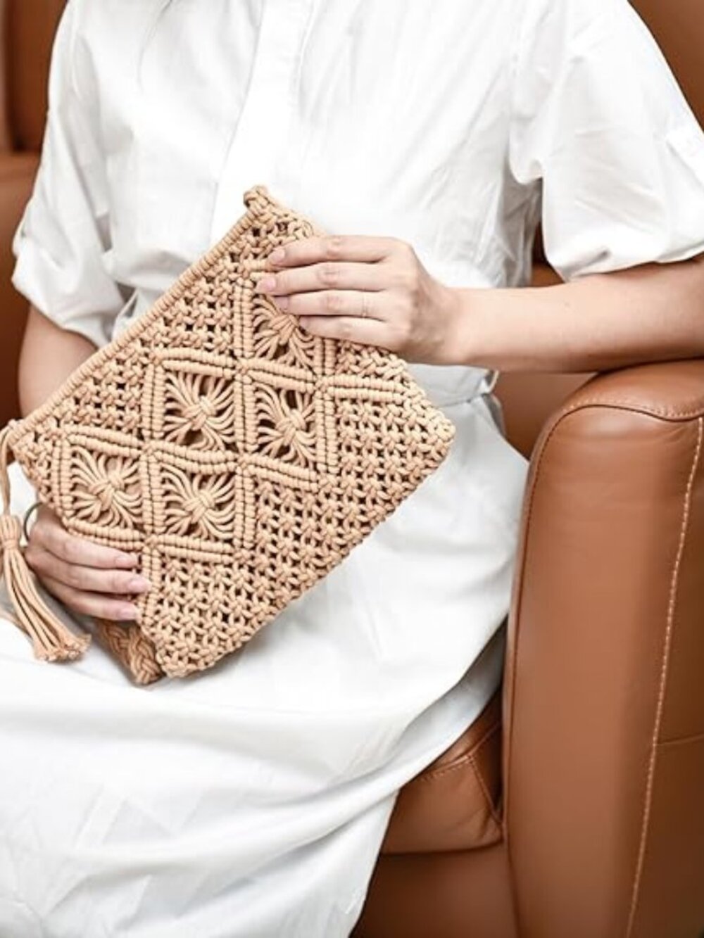 Handmade Crochet Purse Boho Cotton Rope Crossbody Shoulder Bag with Tassel